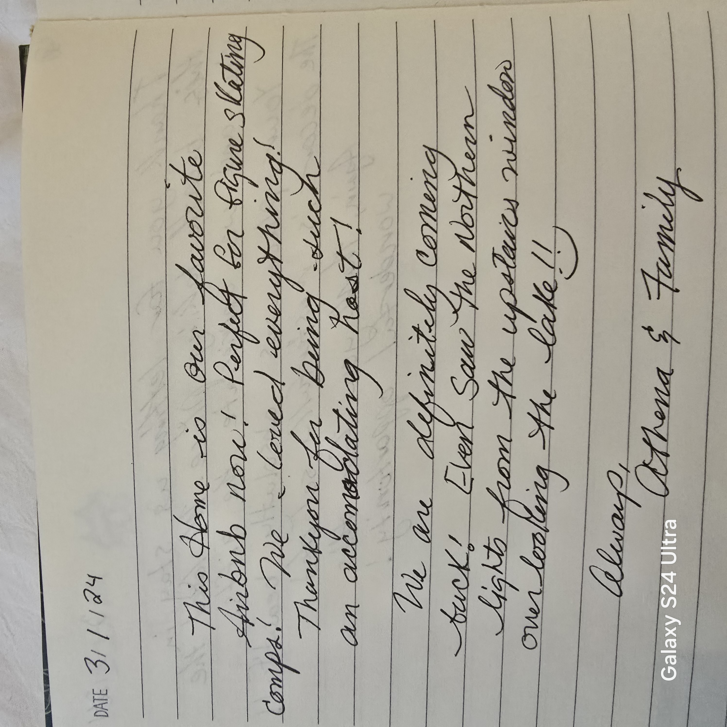 Athena & Family handwritten note